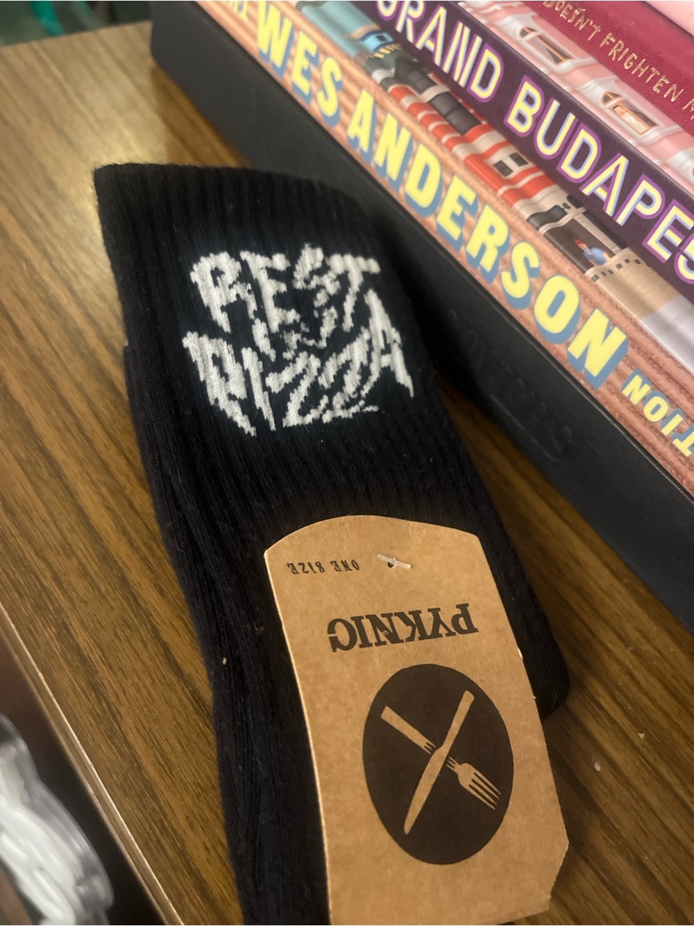 Black Crew Socks with White Graphic “Rest In Pizza”